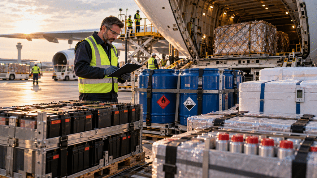 Restricted air freight cargo being inspected beside a cargo aircraft